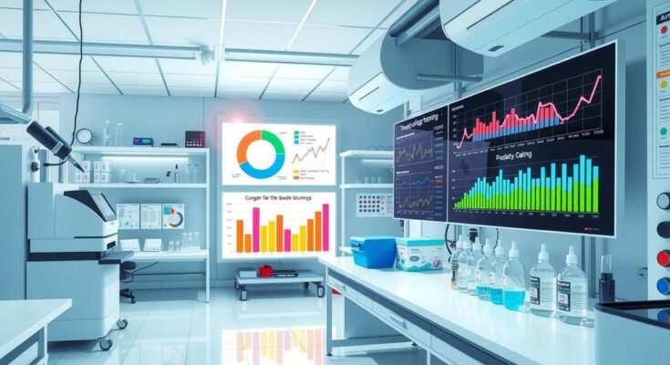 Ruang laboratorium penelitian dengan peralatan modern dan hasil analisis dalam latar belakang yang cerah.