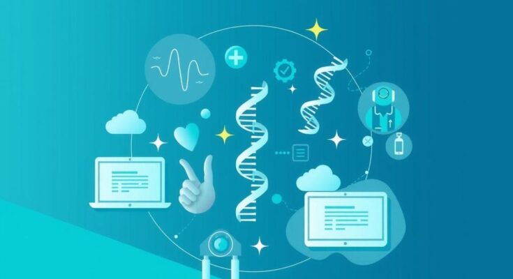 Visualisasi program pengujian genetik dengan DNA dan elemen kesehatan dalam nuansa biru dan hijau.