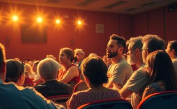 Dramatic auditorium scene displaying a panel discussing clinical trials with an emotional audience in focus.