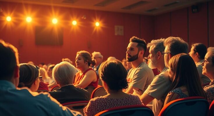 Dramatic auditorium scene displaying a panel discussing clinical trials with an emotional audience in focus.