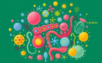 Gambaran ekosistem mikrobioma usus yang seimbang dengan warna cerah dan kontras.