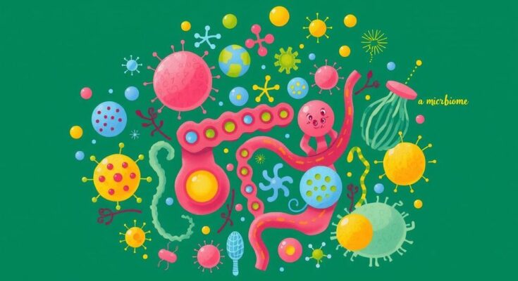 Gambaran ekosistem mikrobioma usus yang seimbang dengan warna cerah dan kontras.