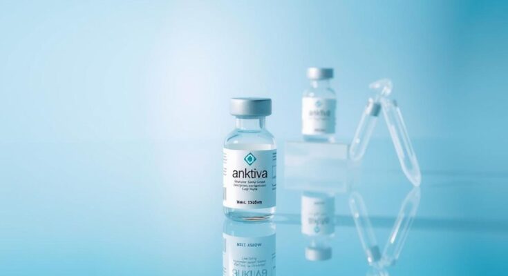 Obat ANKTIVA yang mengaktifkan sel imun untuk kanker, dengan latar belakang biru dan elemen desain minimalis.