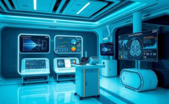 Kolaborasi teknologi kesehatan untuk deteksi kanker dengan latar belakang futuristik berwarna biru dan hijau.