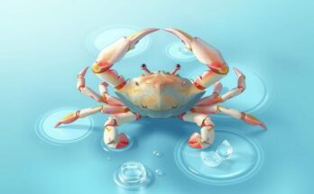 Sebuah ilustrasi zodiak Cancer dengan simbol kepiting dan elemen air yang tenang, menampilkan nuansa warna lembut.