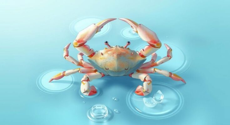 Sebuah ilustrasi zodiak Cancer dengan simbol kepiting dan elemen air yang tenang, menampilkan nuansa warna lembut.