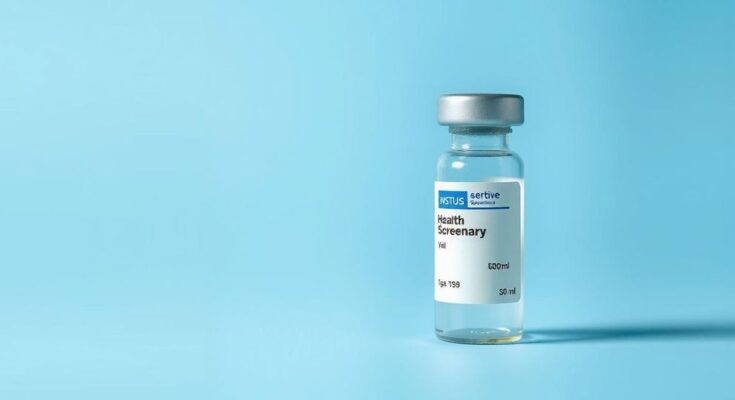 Uji deteksi kanker dini dengan botol sampel darah dalam latar belakang biru lembut, simbol kesehatan dan fasilitas medis.